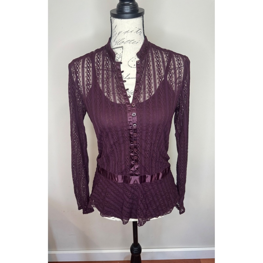 Y2K Gothic Victorian revival long sleeve blouse lace high collar sz M purple INC - Picture 1 of 4